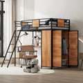 Lit mezzanine simple en métal et bois avec bureau en L, armoire, barrière et échelle