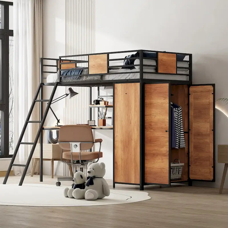 Lit mezzanine simple en métal et bois avec bureau en L, armoire, barrière et échelle