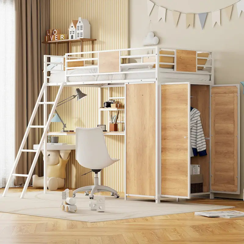 Lit mezzanine simple en métal et bois avec bureau en L, armoire, barrière et échelle