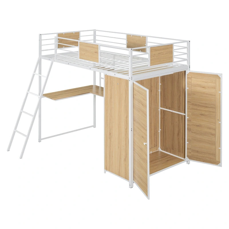Lit mezzanine simple en métal et bois avec bureau en L, armoire, barrière et échelle