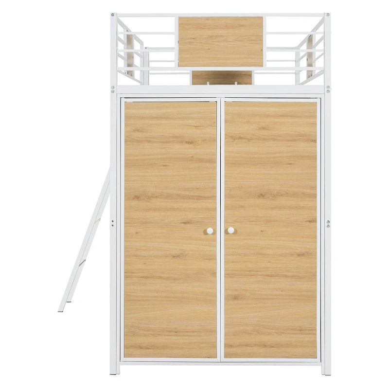 Lit mezzanine simple en métal et bois avec bureau en L, armoire, barrière et échelle
