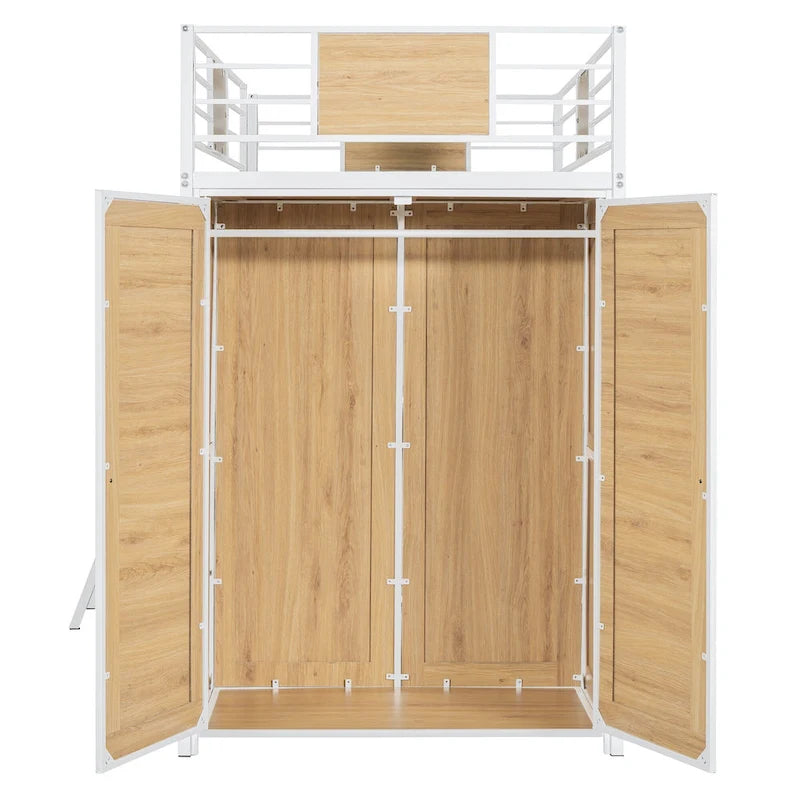 Lit mezzanine simple en métal et bois avec bureau en L, armoire, barrière et échelle