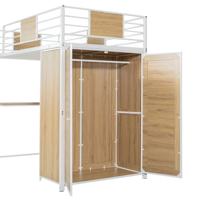 Lit mezzanine simple en métal et bois avec bureau en L, armoire, barrière et échelle