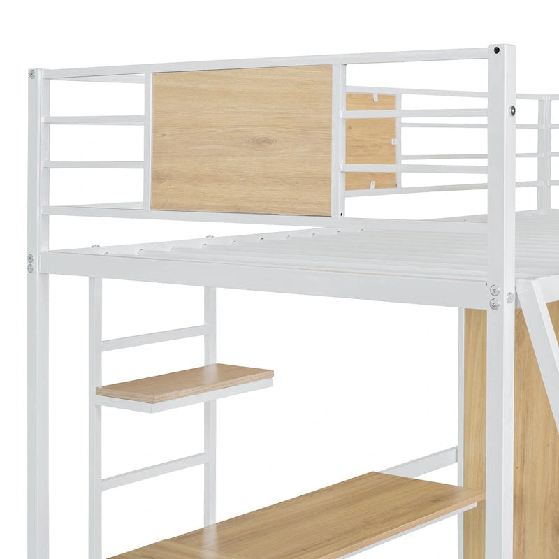 Lit mezzanine simple en métal et bois avec bureau en L, armoire, barrière et échelle