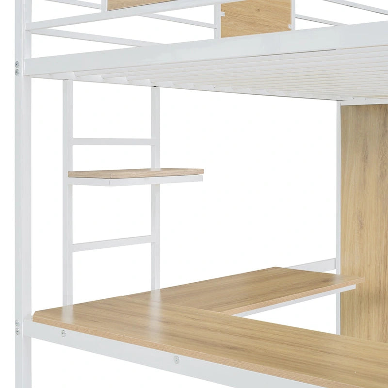 Lit mezzanine simple en métal et bois avec bureau en L, armoire, barrière et échelle