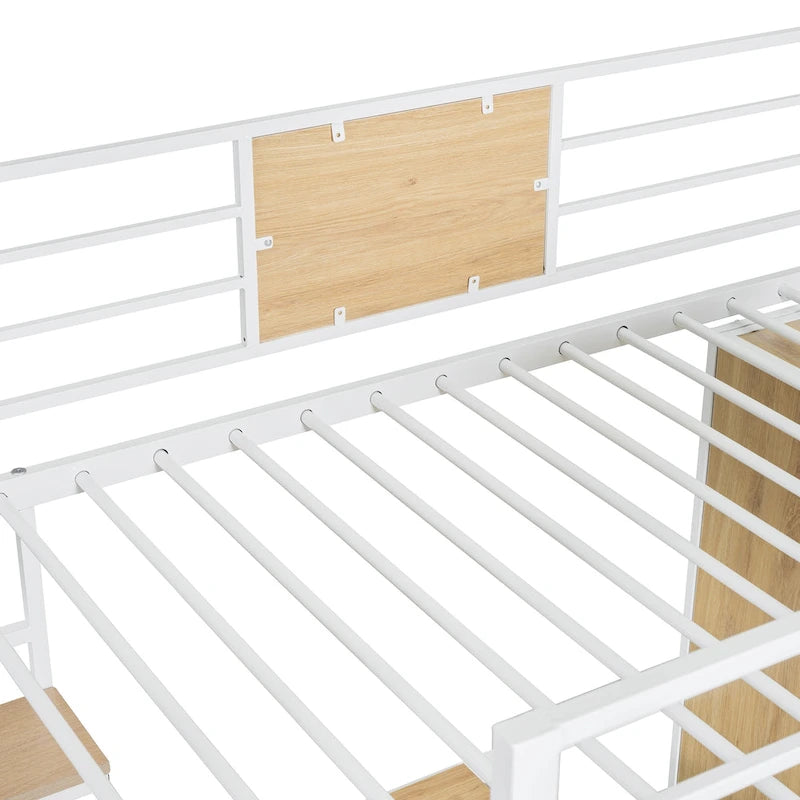 Lit mezzanine simple en métal et bois avec bureau en L, armoire, barrière et échelle