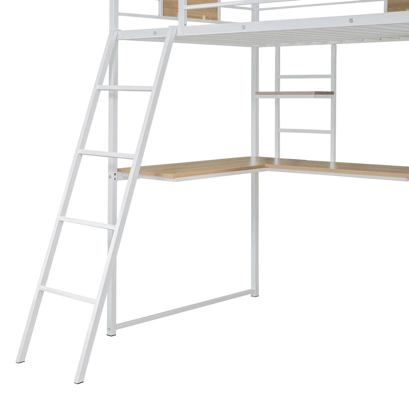 Lit mezzanine simple en métal et bois avec bureau en L, armoire, barrière et échelle