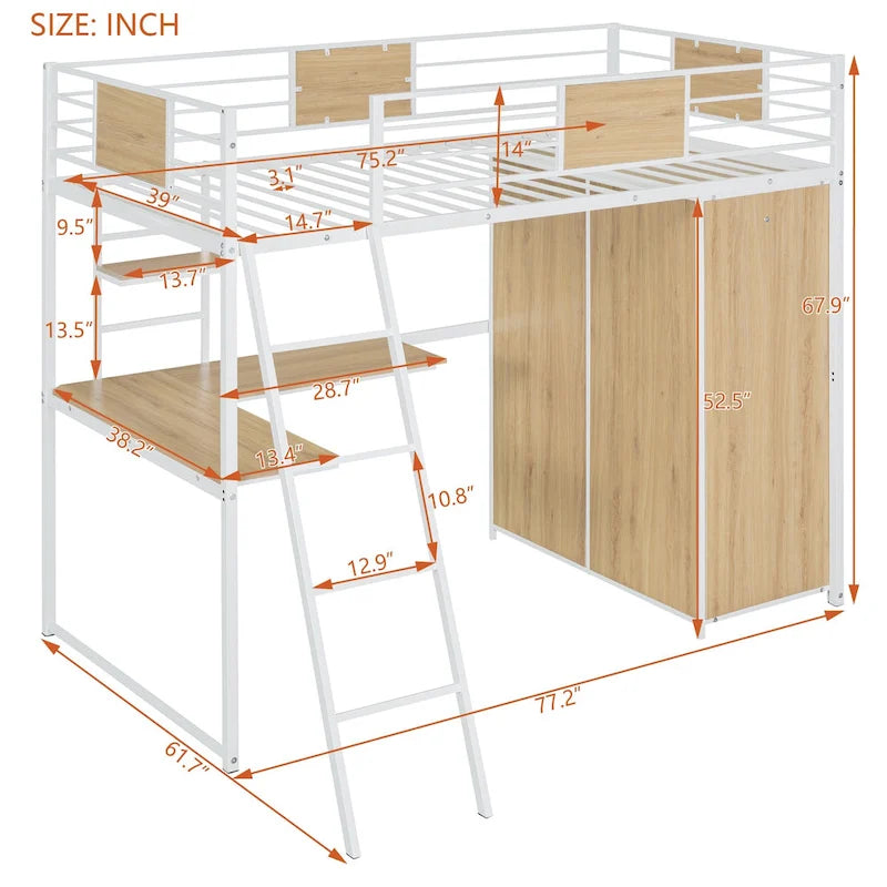 Lit mezzanine simple en métal et bois avec bureau en L, armoire, barrière et échelle