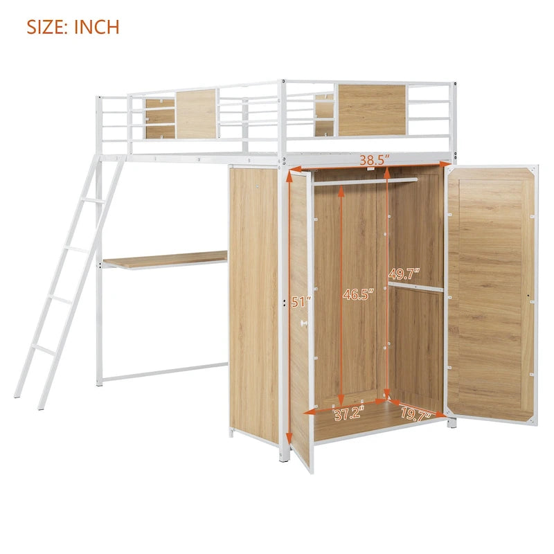Lit mezzanine simple en métal et bois avec bureau en L, armoire, barrière et échelle