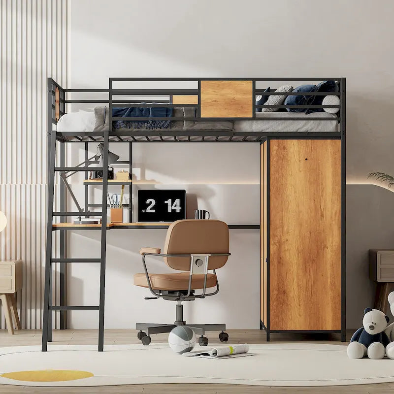 Lit mezzanine simple en métal et bois avec bureau en L, armoire, barrière et échelle