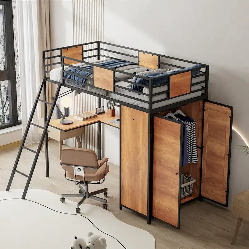 Lit mezzanine simple en métal et bois avec bureau en L, armoire, barrière et échelle