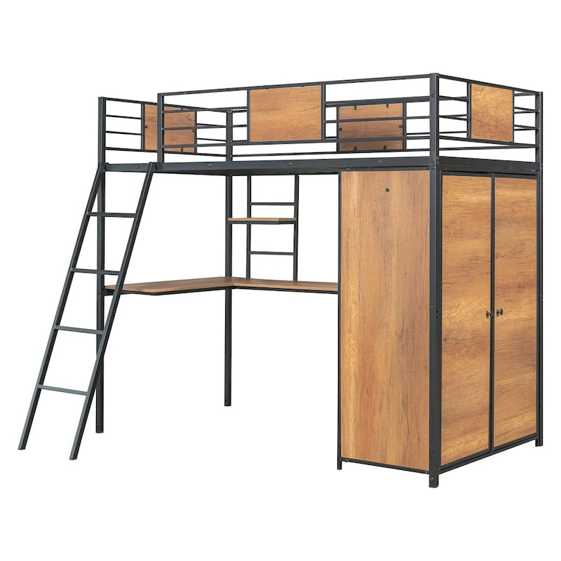 Lit mezzanine simple en métal et bois avec bureau en L, armoire, barrière et échelle