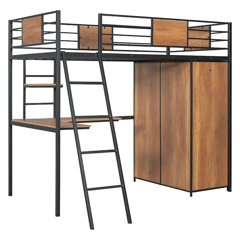 Lit mezzanine simple en métal et bois avec bureau en L, armoire, barrière et échelle
