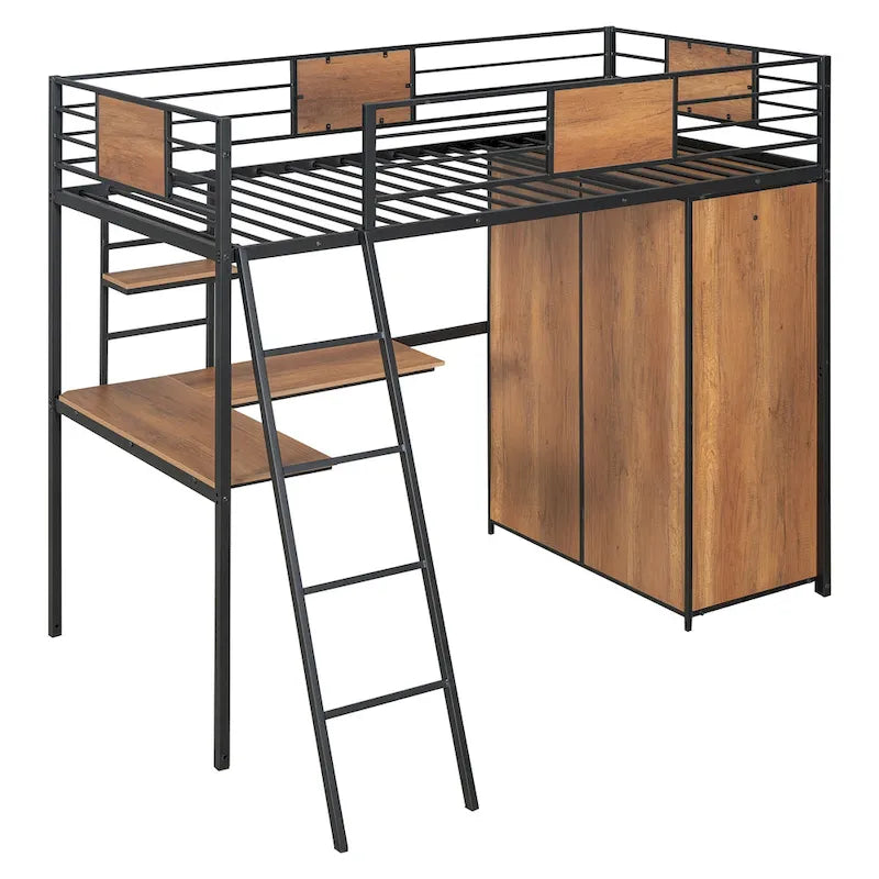 Lit mezzanine simple en métal et bois avec bureau en L, armoire, barrière et échelle
