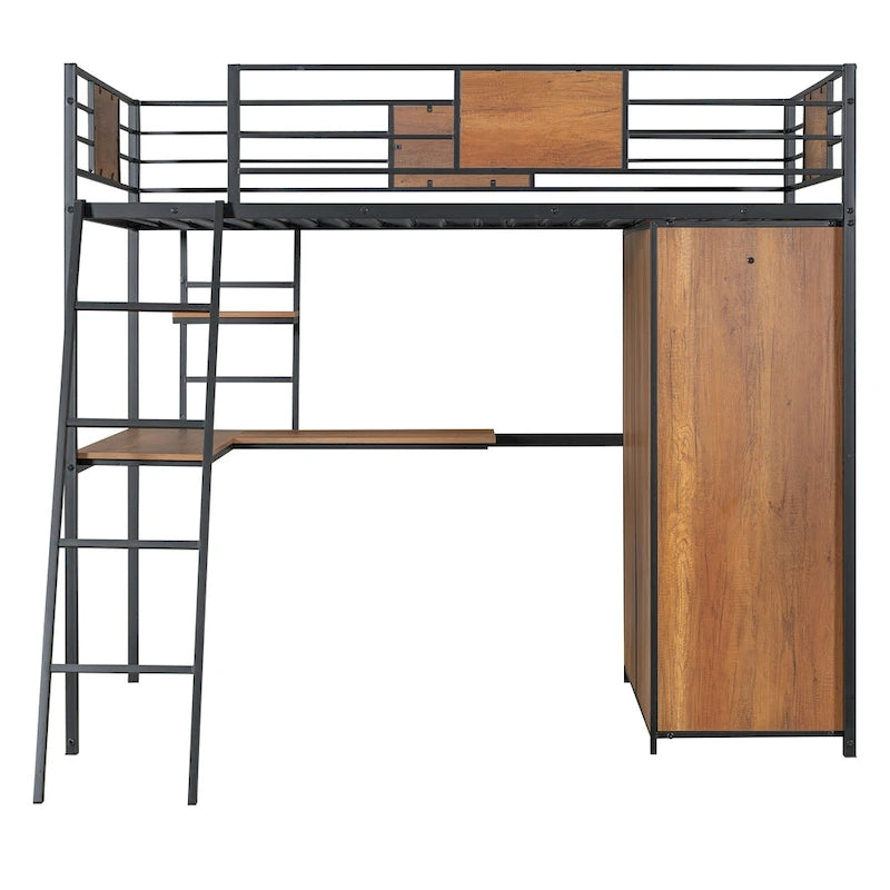 Lit mezzanine simple en métal et bois avec bureau en L, armoire, barrière et échelle
