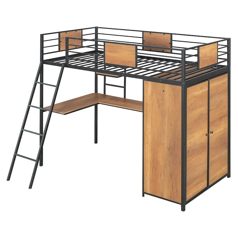 Lit mezzanine simple en métal et bois avec bureau en L, armoire, barrière et échelle