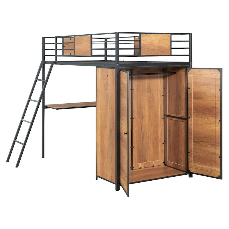 Lit mezzanine simple en métal et bois avec bureau en L, armoire, barrière et échelle
