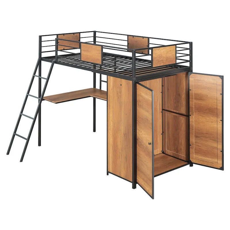 Lit mezzanine simple en métal et bois avec bureau en L, armoire, barrière et échelle