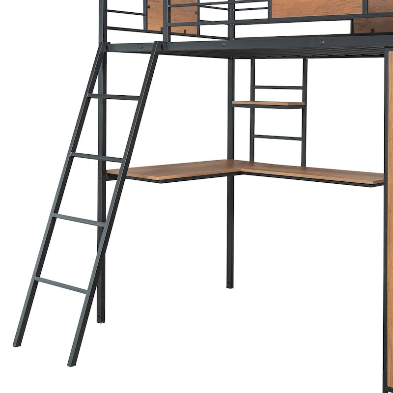 Lit mezzanine simple en métal et bois avec bureau en L, armoire, barrière et échelle