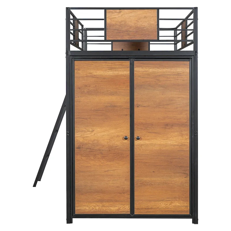 Lit mezzanine simple en métal et bois avec bureau en L, armoire, barrière et échelle