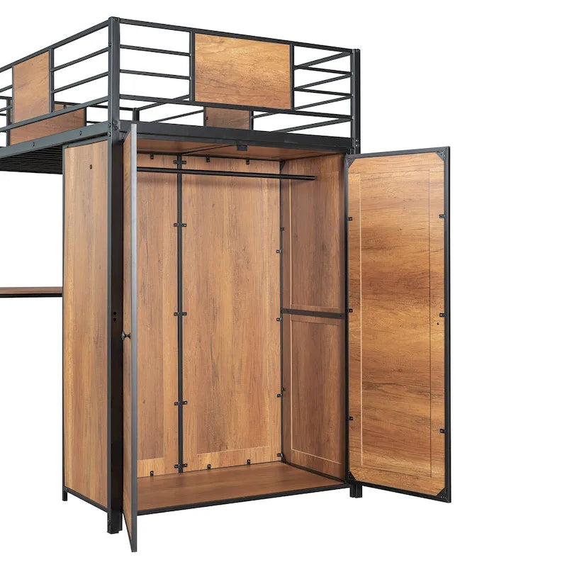 Lit mezzanine simple en métal et bois avec bureau en L, armoire, barrière et échelle