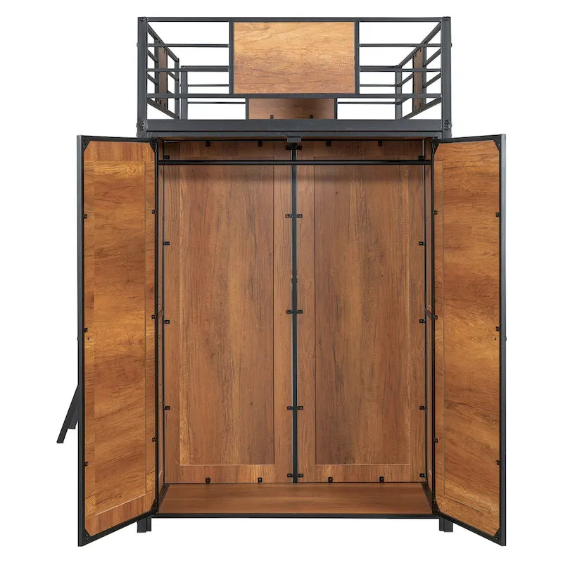Lit mezzanine simple en métal et bois avec bureau en L, armoire, barrière et échelle