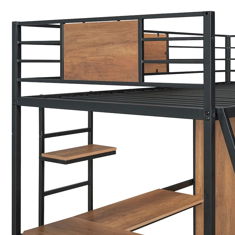 Lit mezzanine simple en métal et bois avec bureau en L, armoire, barrière et échelle