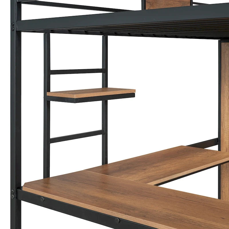 Lit mezzanine simple en métal et bois avec bureau en L, armoire, barrière et échelle