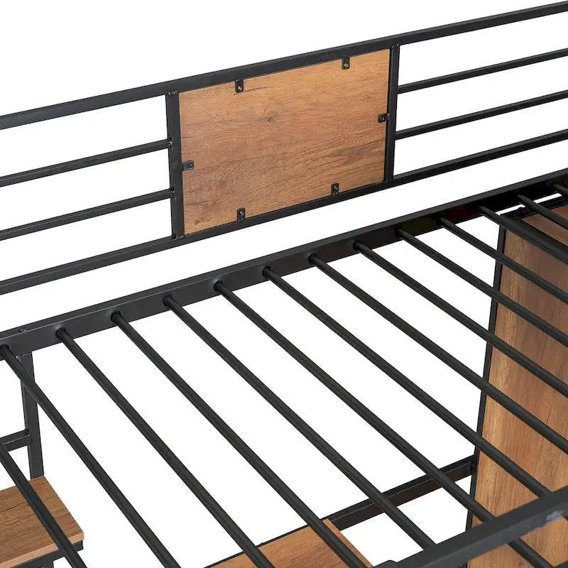 Lit mezzanine simple en métal et bois avec bureau en L, armoire, barrière et échelle