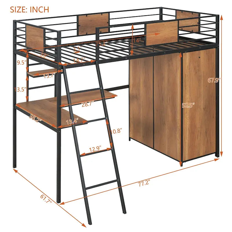 Lit mezzanine simple en métal et bois avec bureau en L, armoire, barrière et échelle