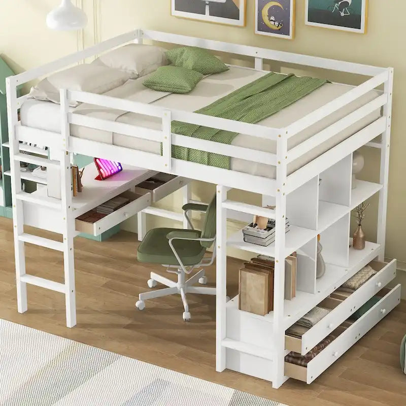 Lit mezzanine double en pin blanc avec bureau intégré et tiroirs