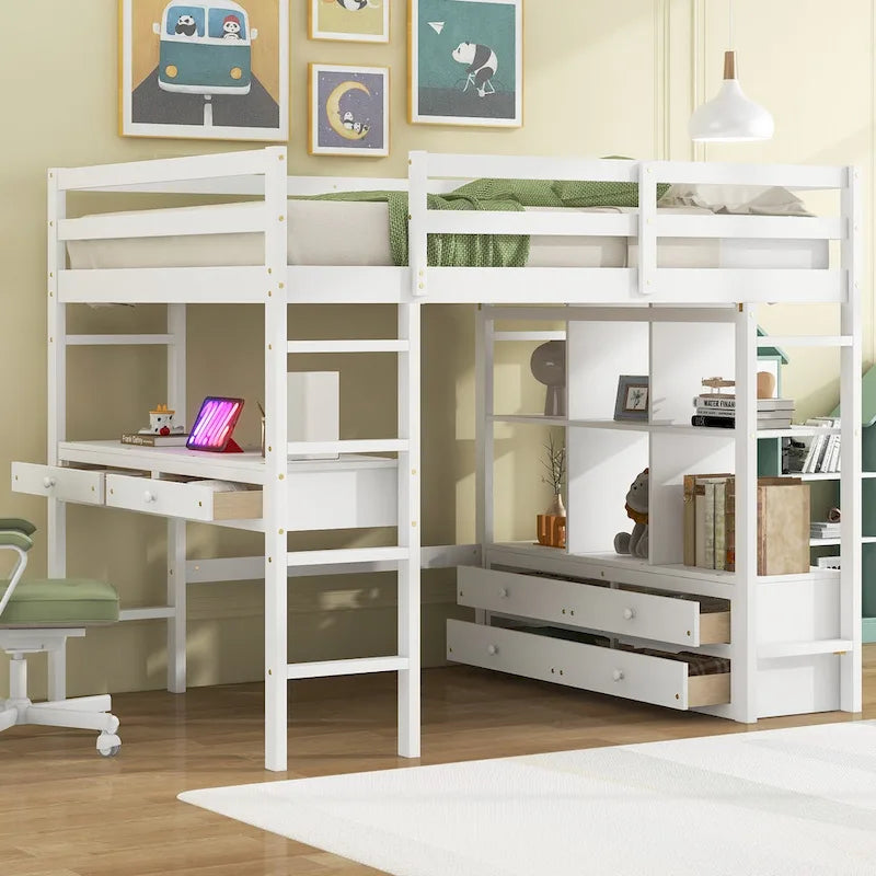 Lit mezzanine double en pin blanc avec bureau intégré et tiroirs