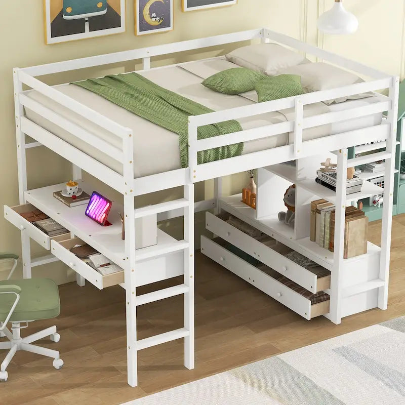 Lit mezzanine double en pin blanc avec bureau intégré et tiroirs