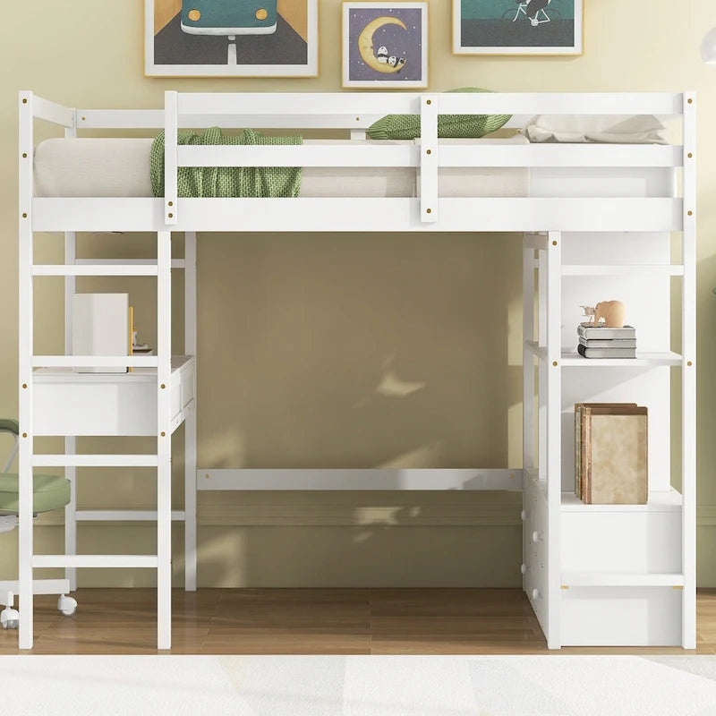 Lit mezzanine double en pin blanc avec bureau intégré et tiroirs
