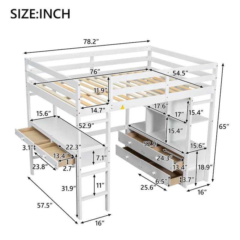 Lit mezzanine double en pin blanc avec bureau intégré et tiroirs