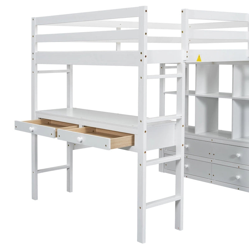 Lit mezzanine double en pin blanc avec bureau intégré et tiroirs