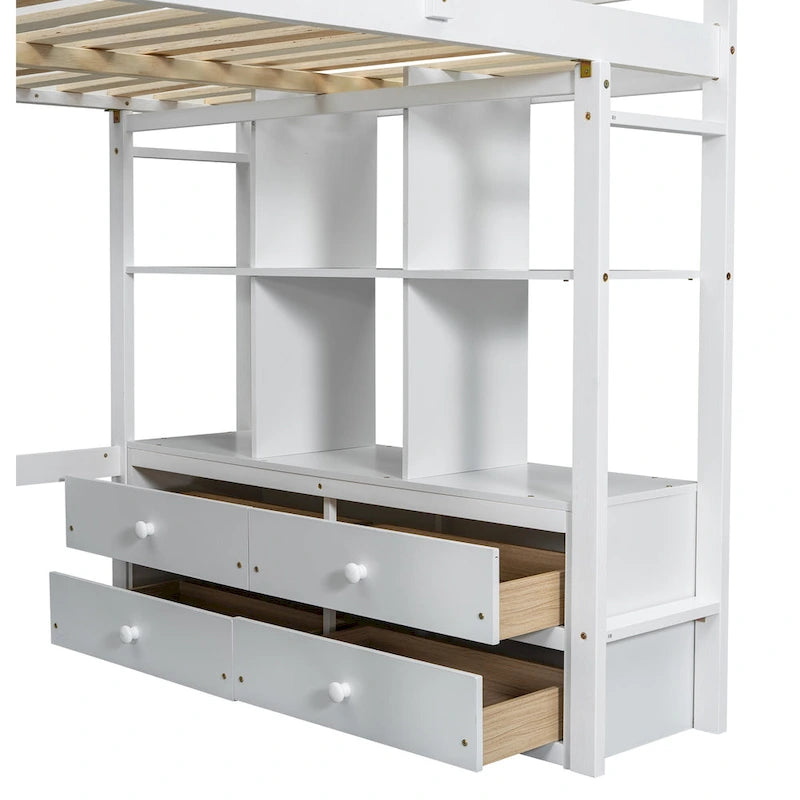 Lit mezzanine double en pin blanc avec bureau intégré et tiroirs