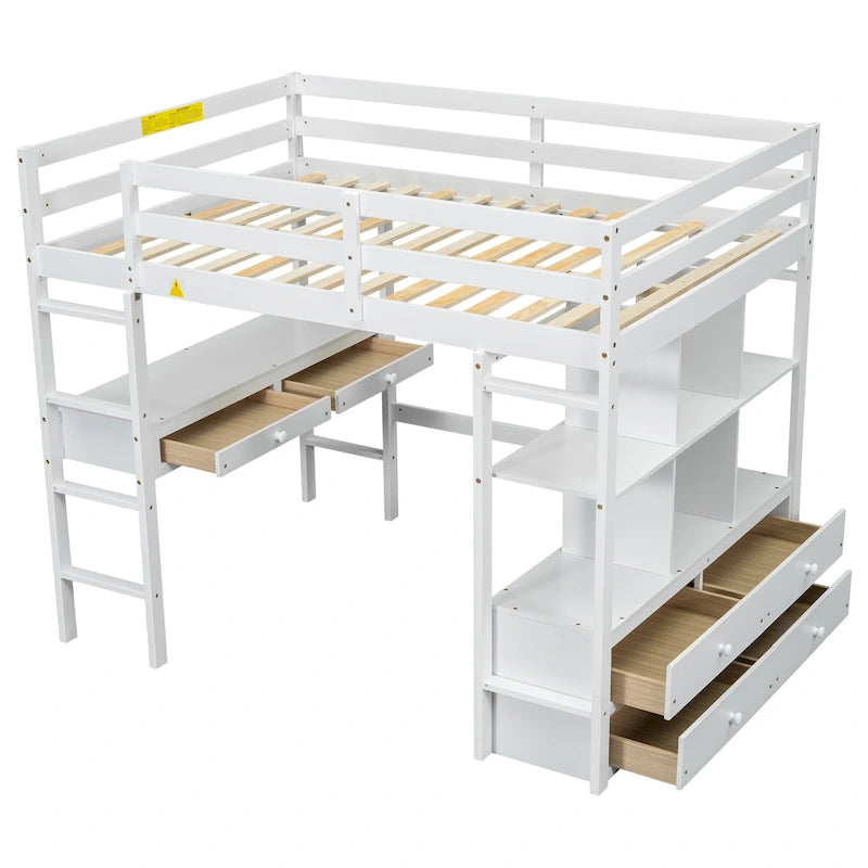 Lit mezzanine double en pin blanc avec bureau intégré et tiroirs