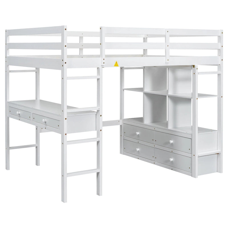Lit mezzanine double en pin blanc avec bureau intégré et tiroirs