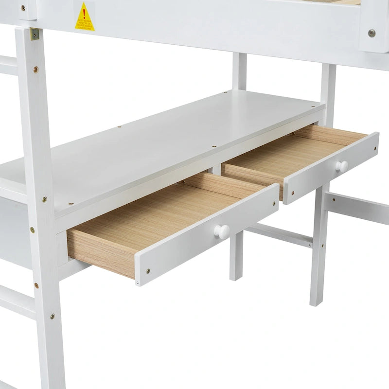 Lit mezzanine double en pin blanc avec bureau intégré et tiroirs