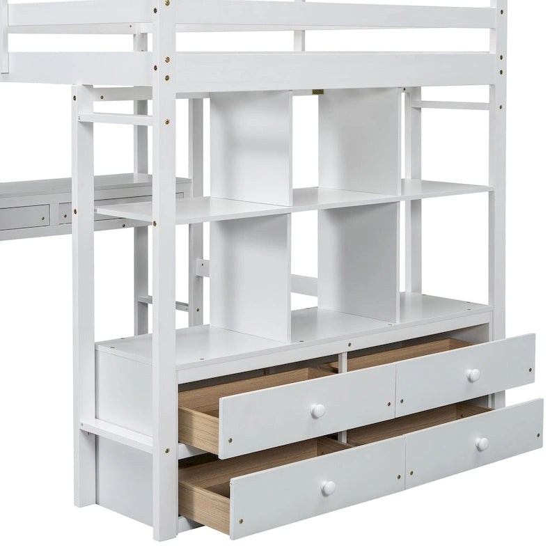 Lit mezzanine double en pin blanc avec bureau intégré et tiroirs