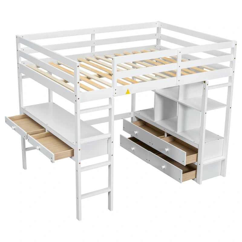Lit mezzanine double en pin blanc avec bureau intégré et tiroirs