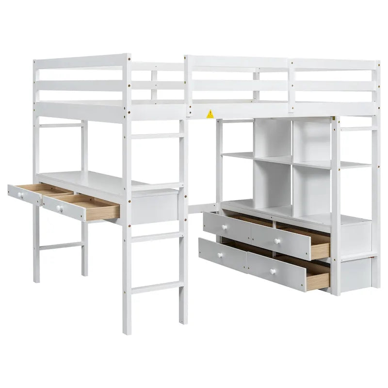 Lit mezzanine double en pin blanc avec bureau intégré et tiroirs