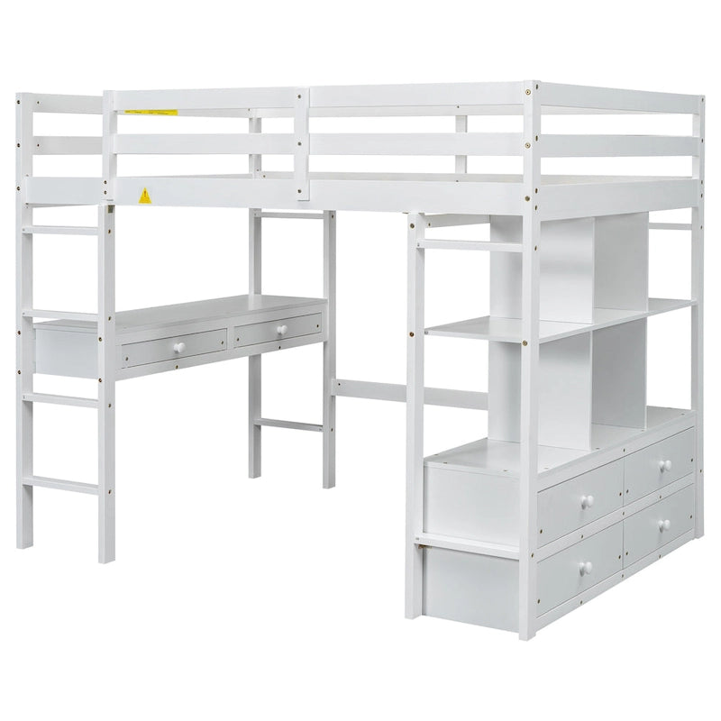 Lit mezzanine double en pin blanc avec bureau intégré et tiroirs