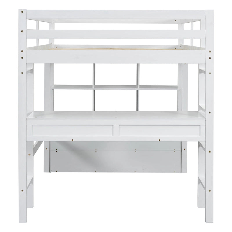 Lit mezzanine double en pin blanc avec bureau intégré et tiroirs