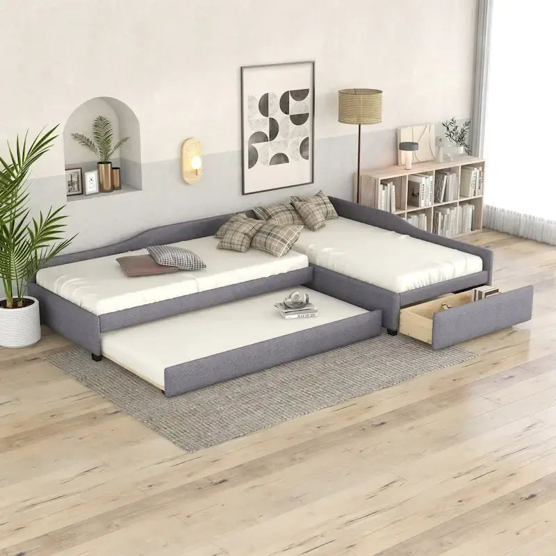 Lit de repos double en forme de L avec lit gigogne, lit de repos rembourré avec tiroir de rangement, lit plateforme double jumeau pour chambre à coucher