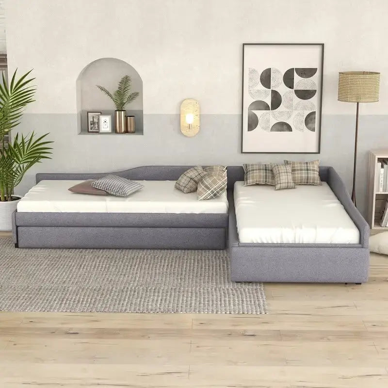 Lit de repos double en forme de L avec lit gigogne, lit de repos rembourré avec tiroir de rangement, lit plateforme double jumeau pour chambre à coucher
