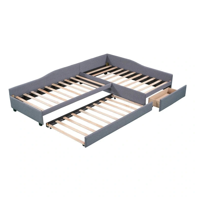 Lit de repos double en forme de L avec lit gigogne, lit de repos rembourré avec tiroir de rangement, lit plateforme double jumeau pour chambre à coucher