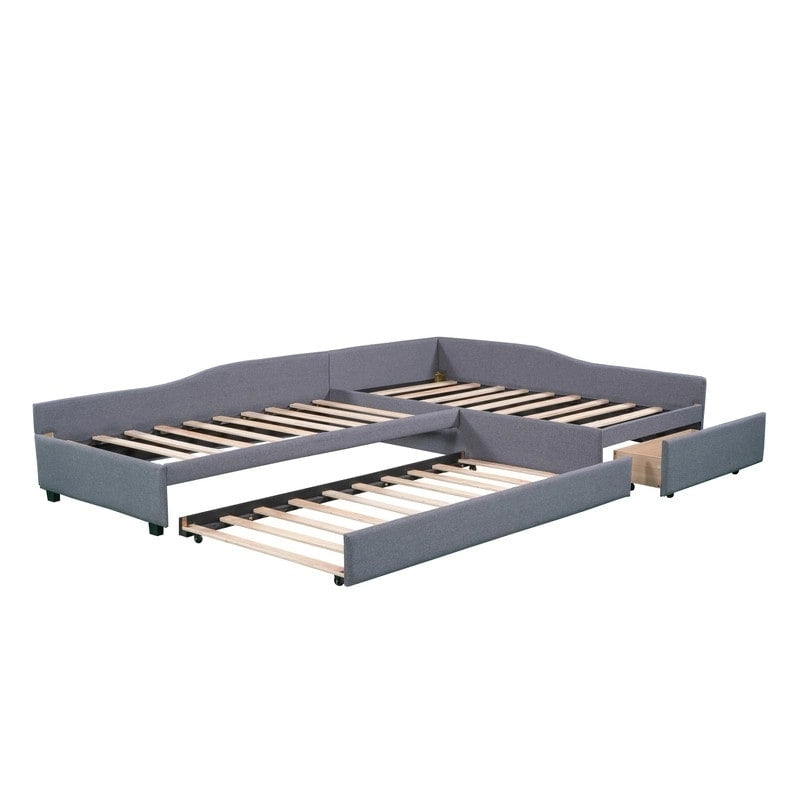 Lit de repos double en forme de L avec lit gigogne, lit de repos rembourré avec tiroir de rangement, lit plateforme double jumeau pour chambre à coucher
