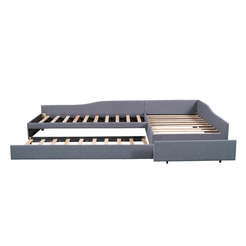 Lit de repos double en forme de L avec lit gigogne, lit de repos rembourré avec tiroir de rangement, lit plateforme double jumeau pour chambre à coucher